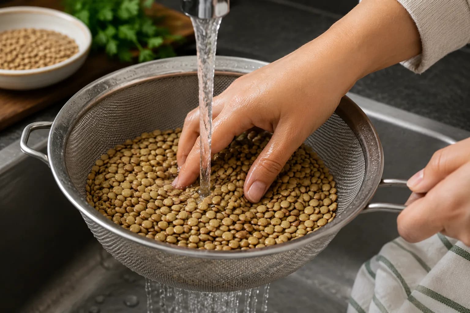 Dried green lentils being rinsed and prepared for Mediterranean lentil salad.