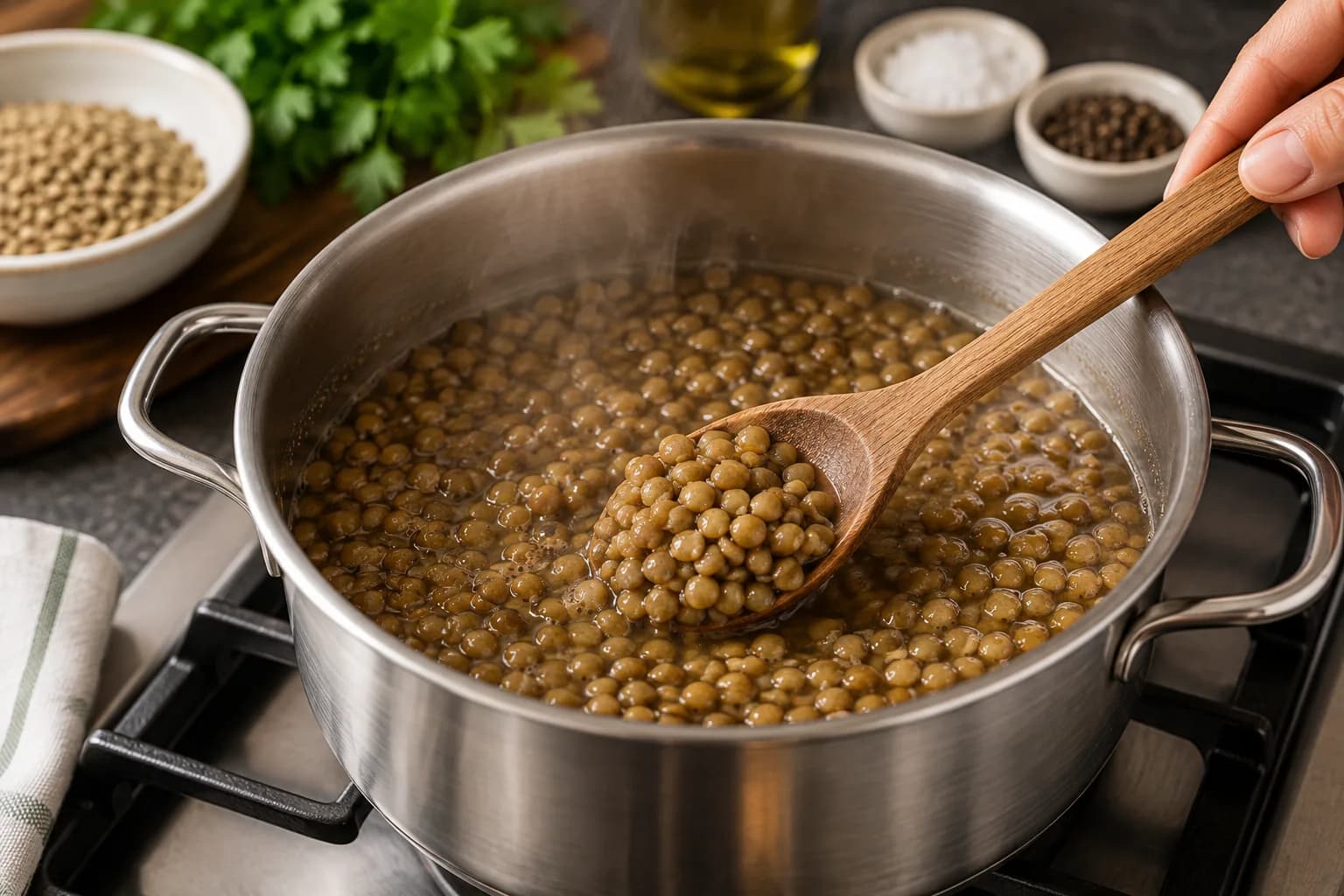 Green lentils simmering in a saucepan until tender for Mediterranean lentil salad.