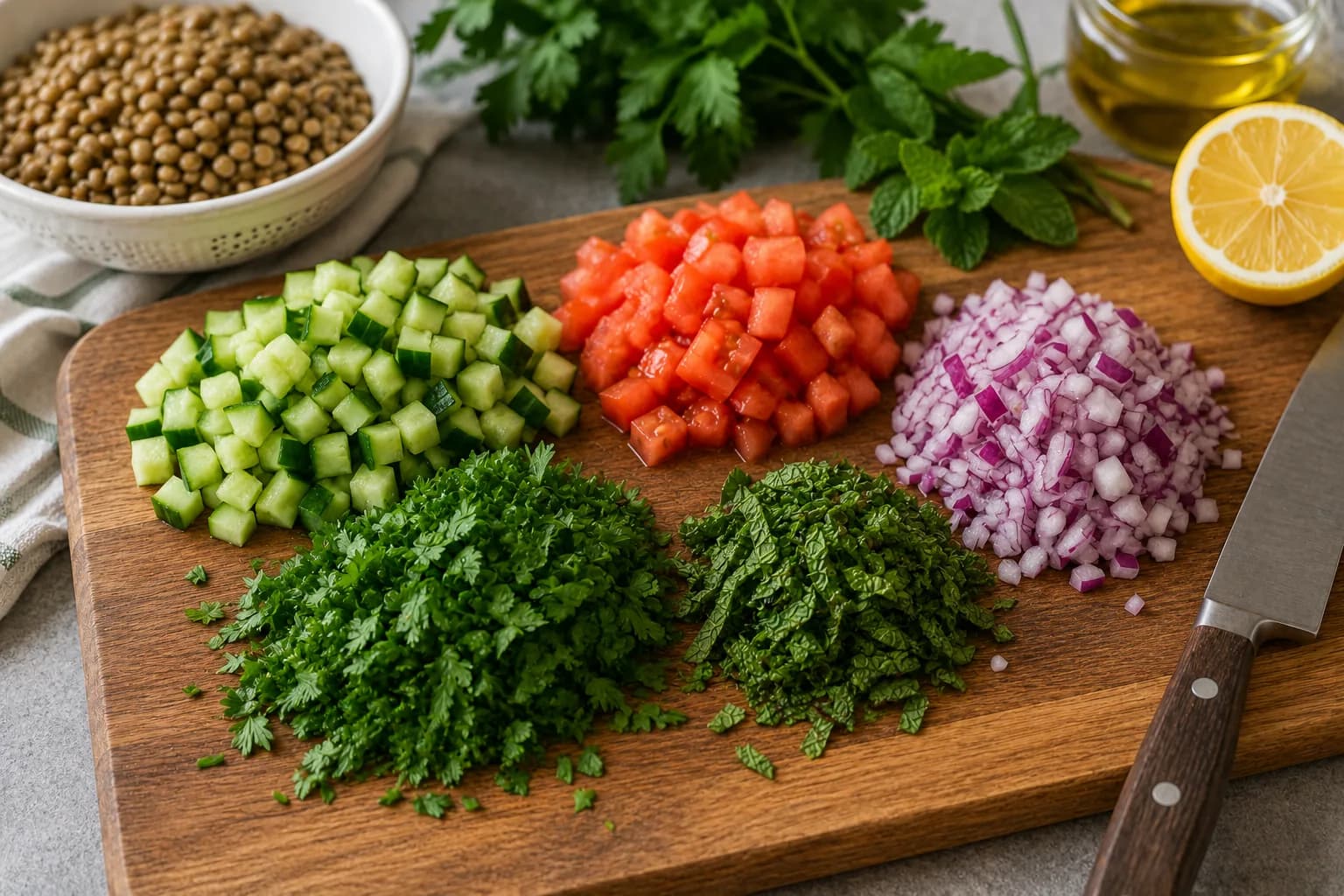 Diced cucumber, tomato, red onion, parsley, and mint prepared for lentil salad.