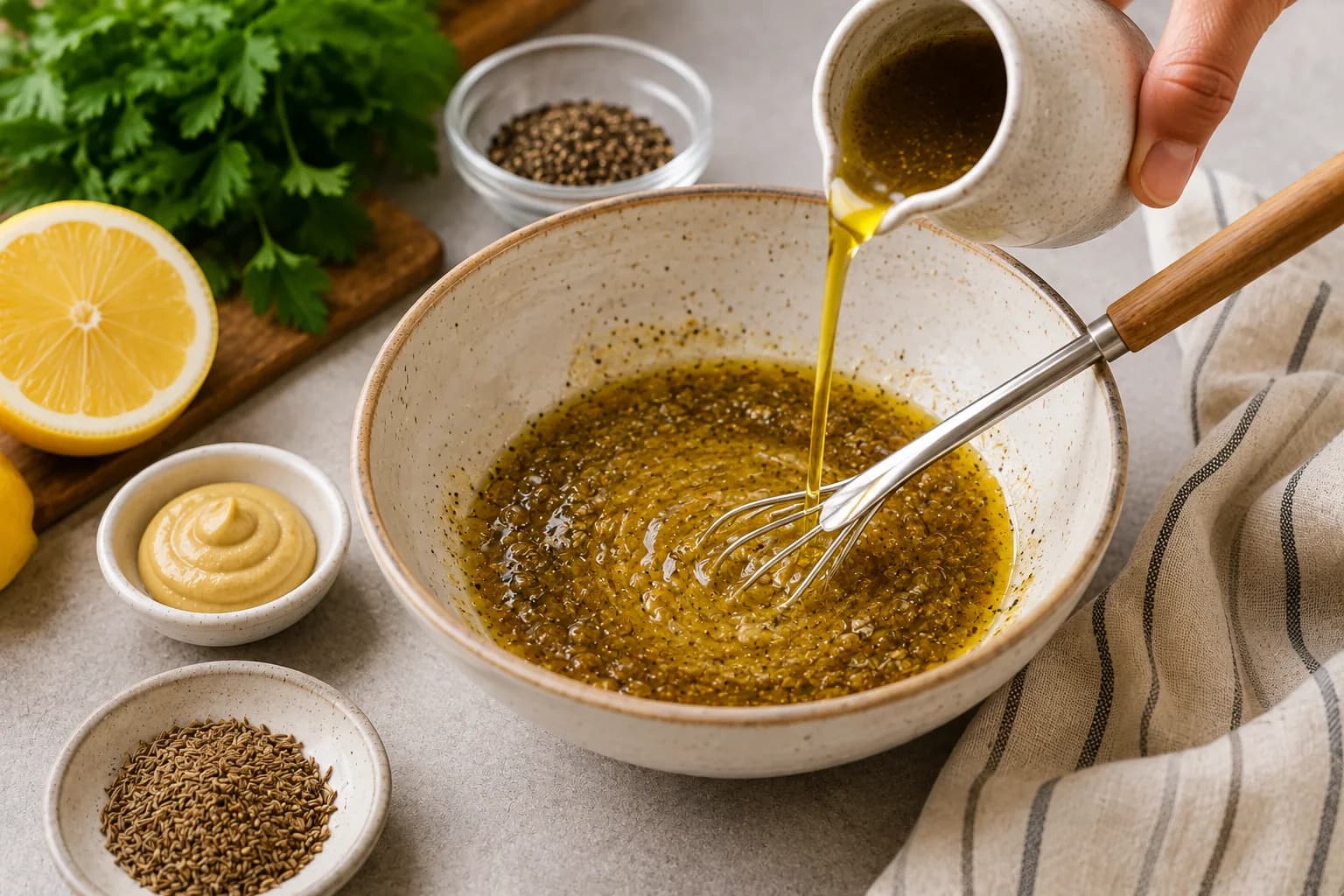 Lemon vinaigrette being whisked with olive oil, Dijon mustard, cumin, salt, and pepper.