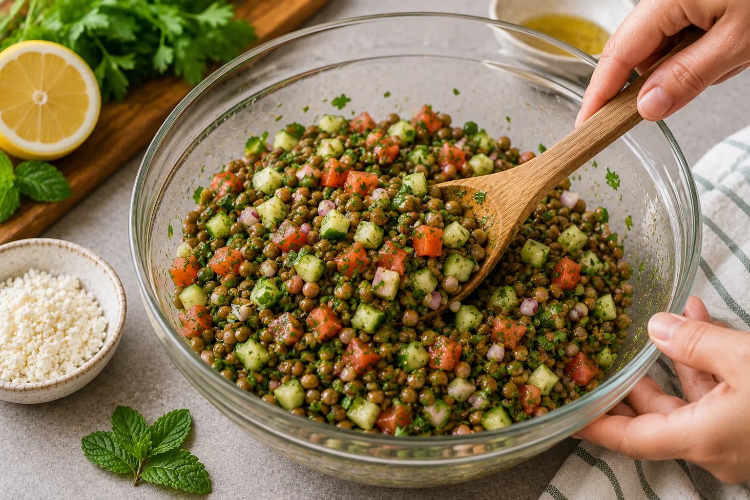 Cooked lentils and fresh vegetables being gently combined with lemon dressing.