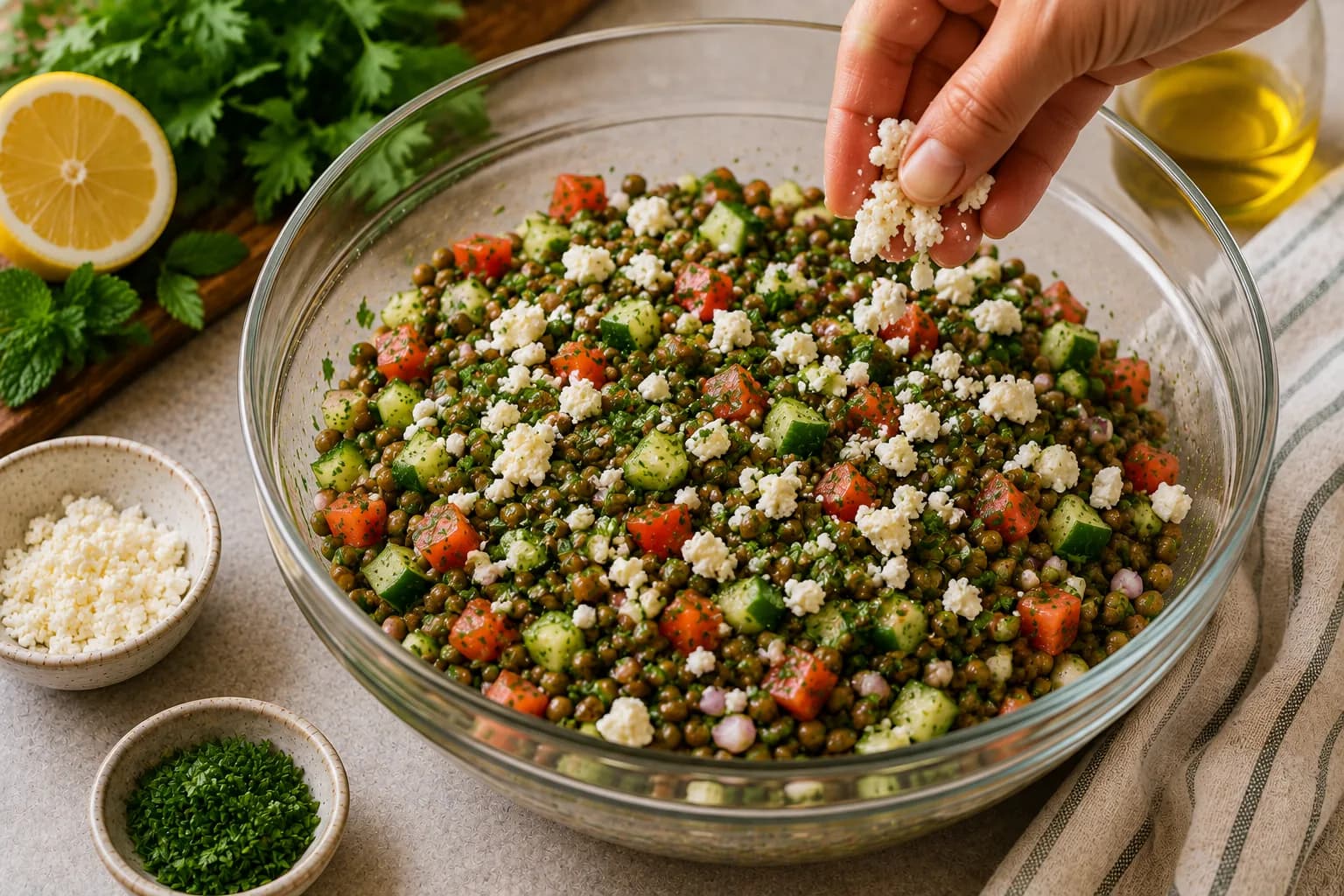 Finished Mediterranean lentil salad with feta cheese, fresh herbs, and lemon dressing.
