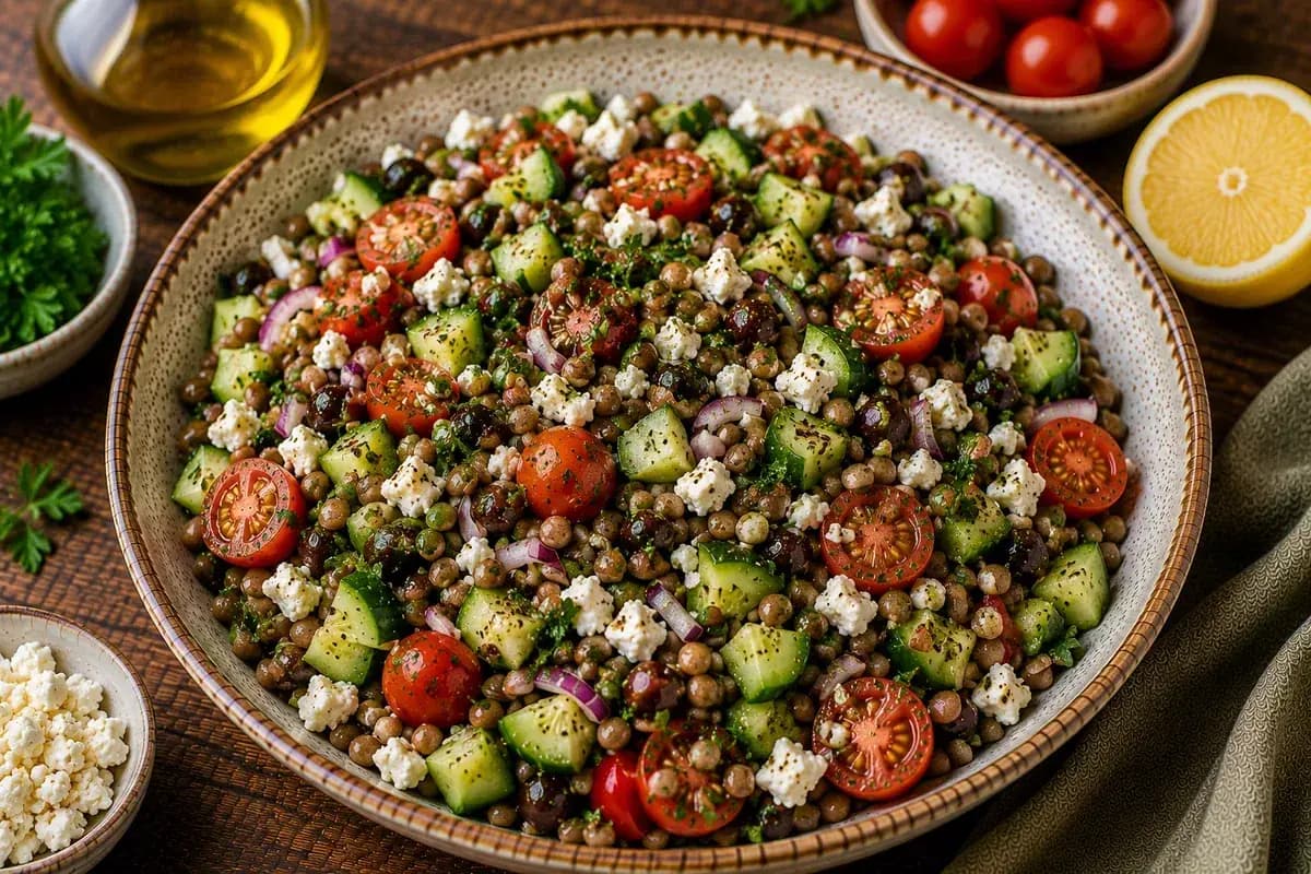 Mediterranean lentil salad with green lentils, tomatoes, cucumber, parsley, mint, feta cheese, and lemon dressing.