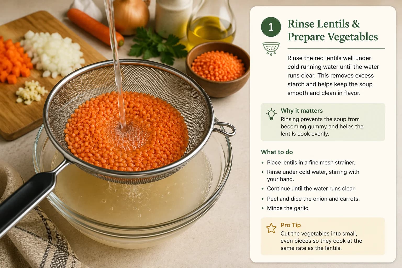 Rinsed red lentils with finely chopped onion, carrot, and minced garlic arranged on a kitchen counter.