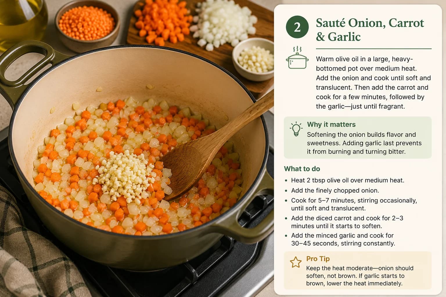 Onion and carrot gently cooking in olive oil in a heavy pot with minced garlic ready to be added.