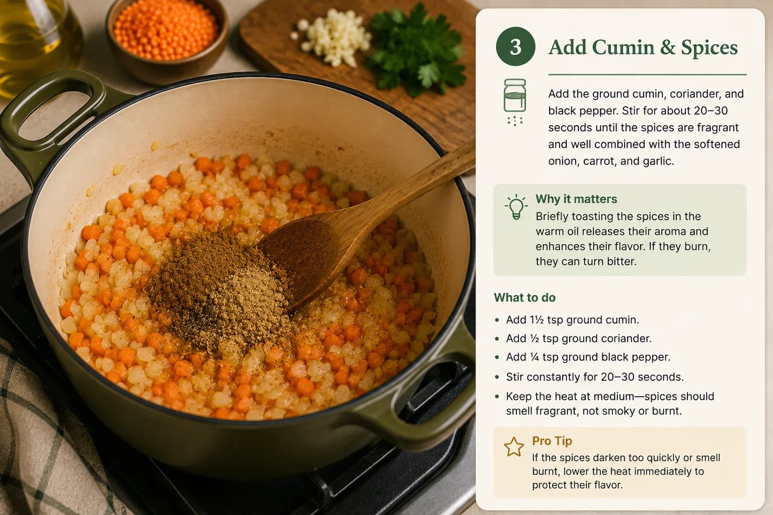 Ground cumin and coriander being stirred into softened onion and garlic in a cooking pot.