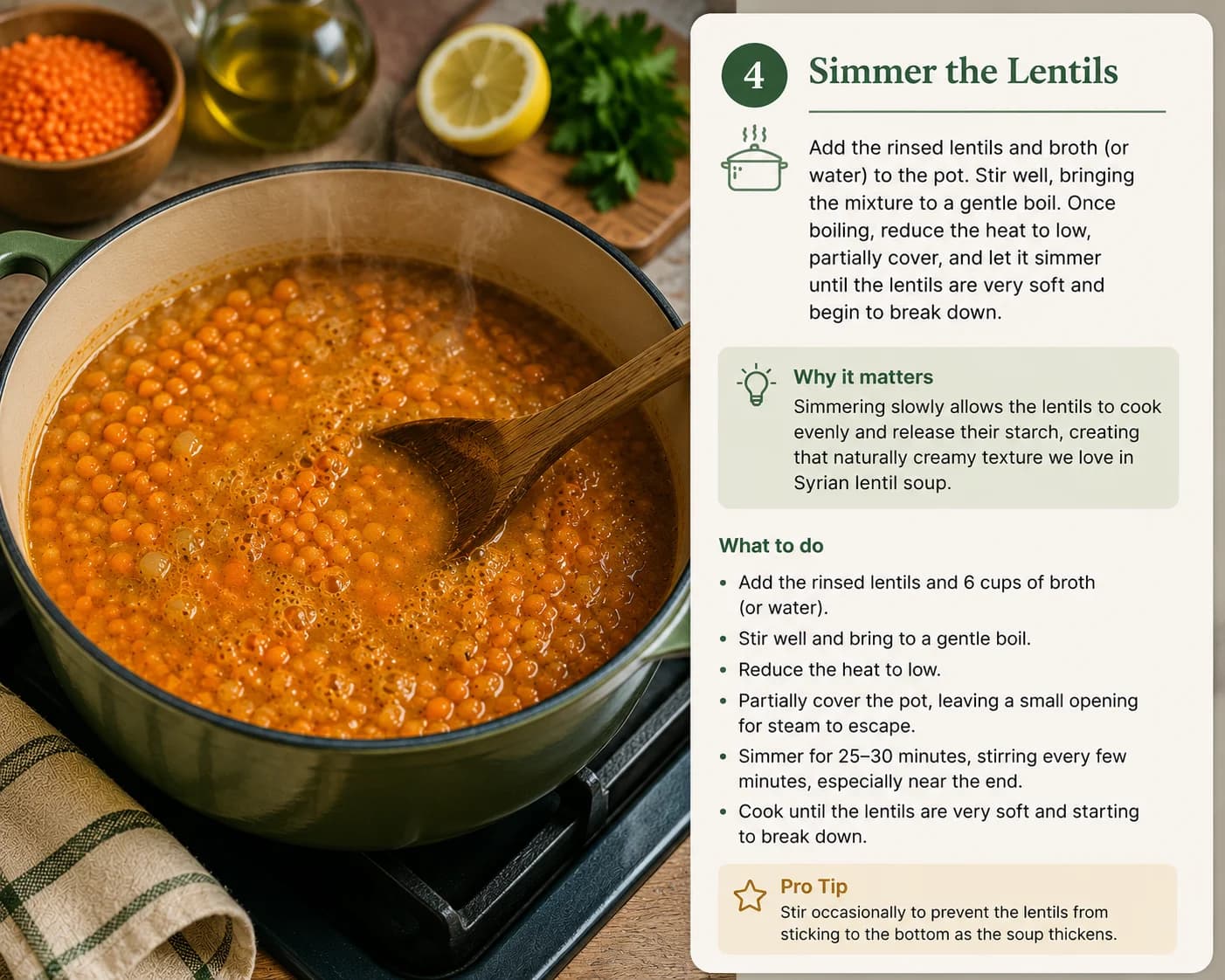 Red lentils simmering with onion and spices in a large pot as the soup begins to thicken.