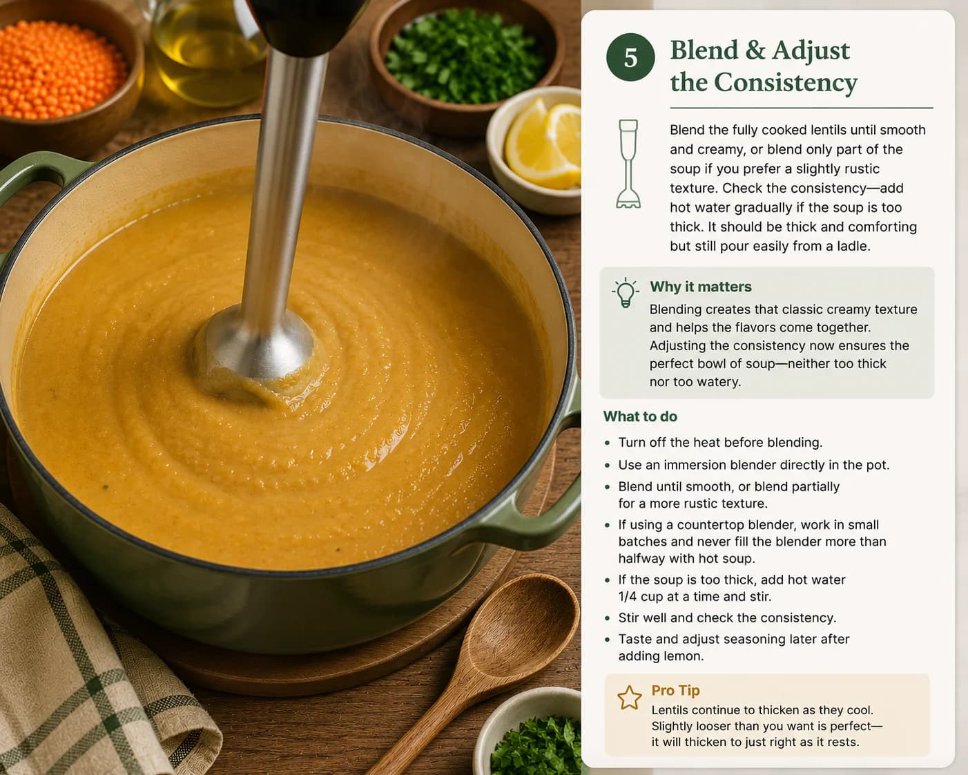 Smooth Syrian red lentil soup being blended and checked for a thick but pourable consistency.