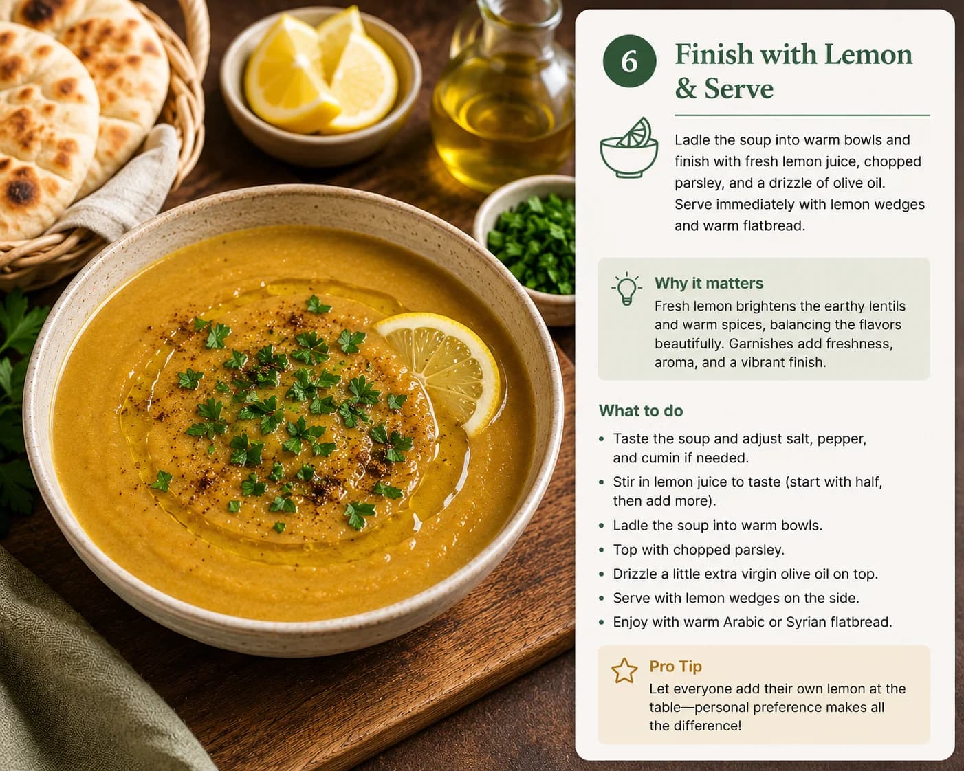 Syrian lentil soup served in a bowl with parsley, olive oil, cumin, and fresh lemon wedges beside warm flatbread.