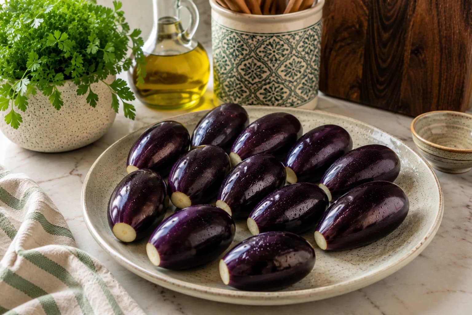 Fresh baby eggplants being prepared for Lebanese makdous in a natural stylish Mediterranean kitchen.