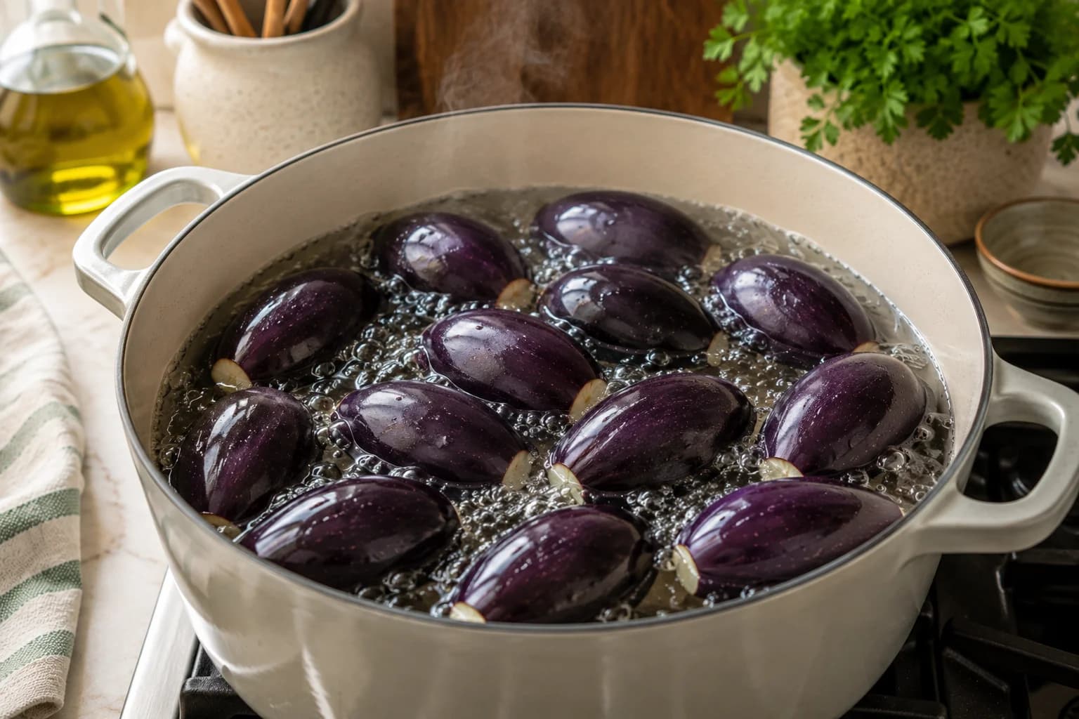 Baby eggplants gently cooking in a pot until tender in a natural stylish Lebanese-inspired kitchen.