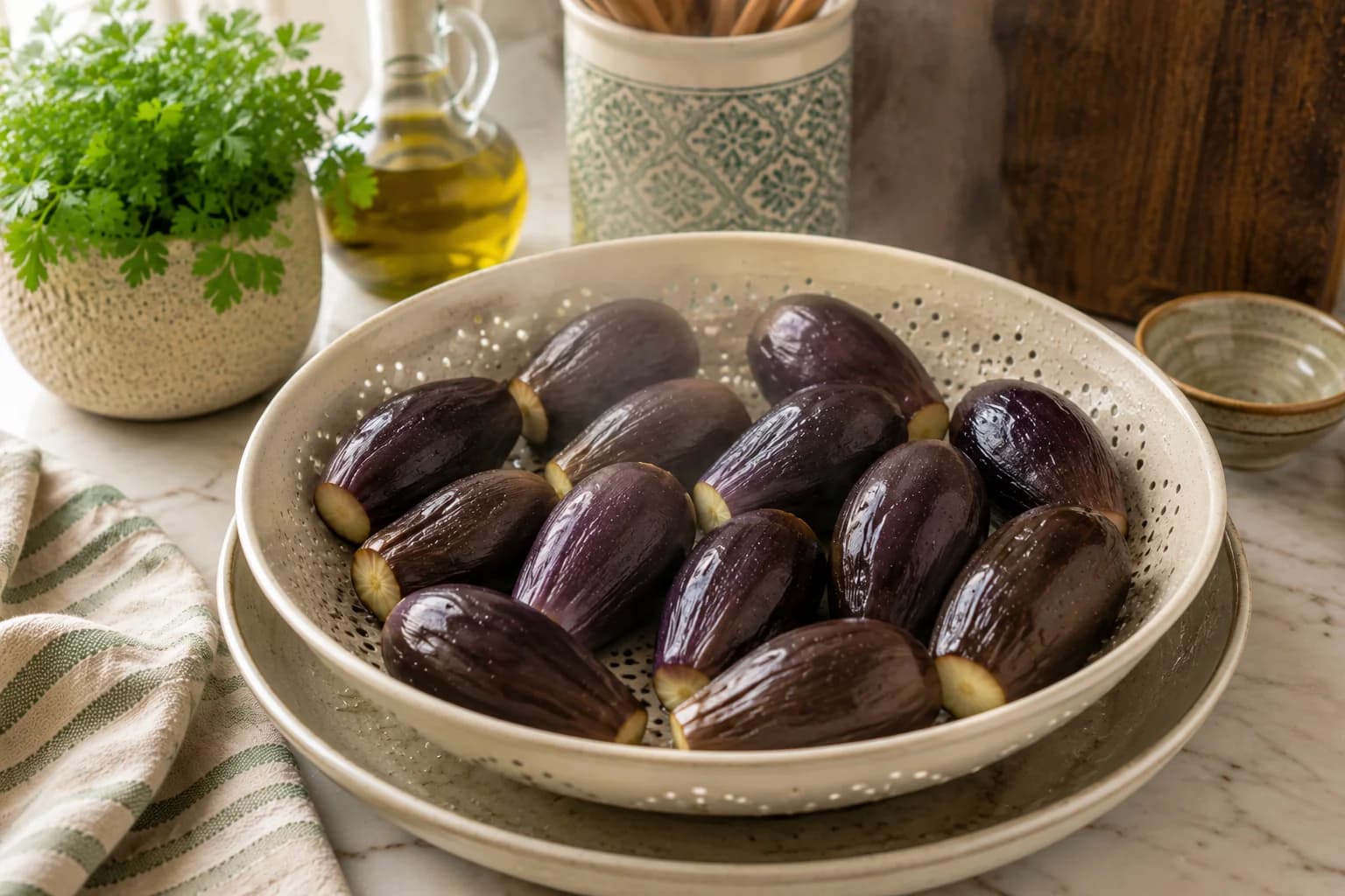 Tender boiled baby eggplants draining and cooling naturally in a stylish Mediterranean kitchen.