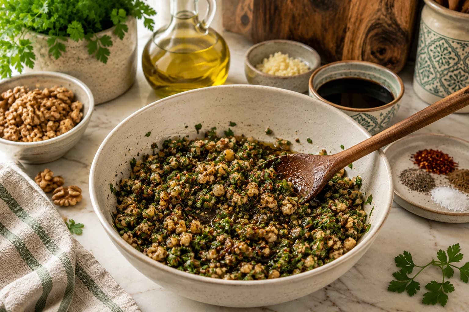 Walnuts, garlic, parsley, spices, olive oil, and pomegranate molasses being combined for Lebanese makdous in a natural stylish kitchen.