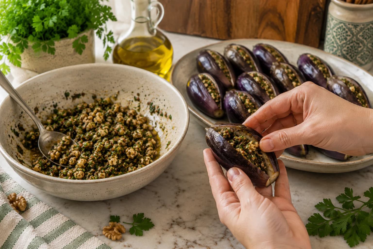 Cooled baby eggplants being carefully opened and stuffed with walnut filling for Lebanese makdous in a stylish Mediterranean kitchen.