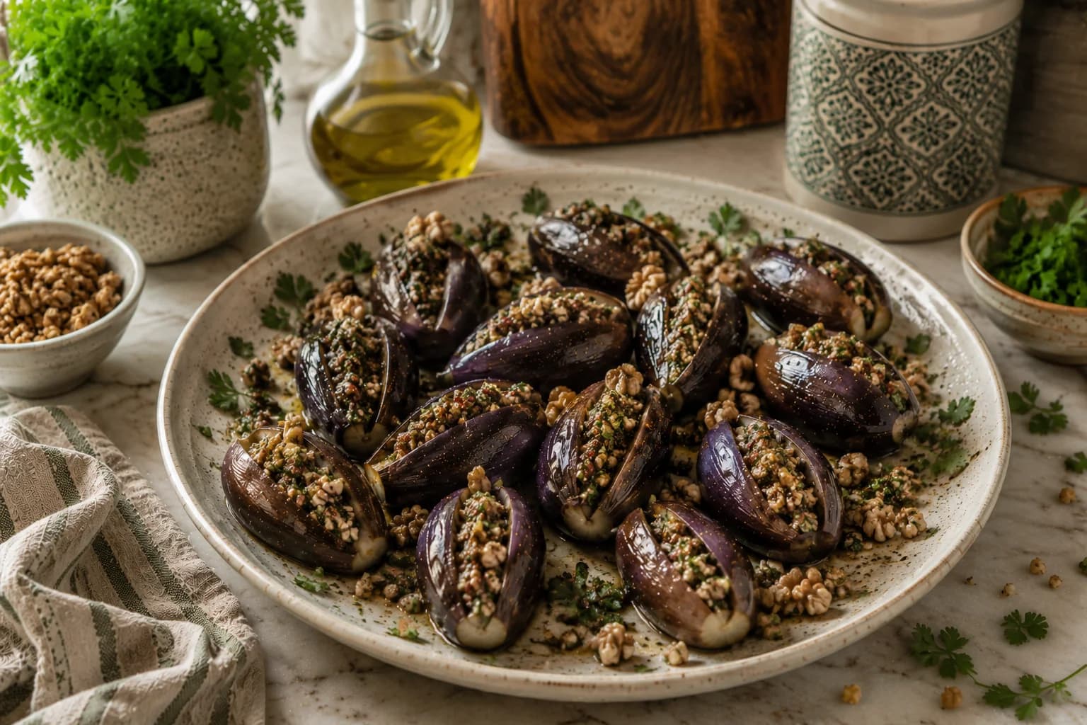 Naturally arranged Lebanese makdous stuffed baby eggplants garnished with parsley and walnuts on a stylish Mediterranean table.