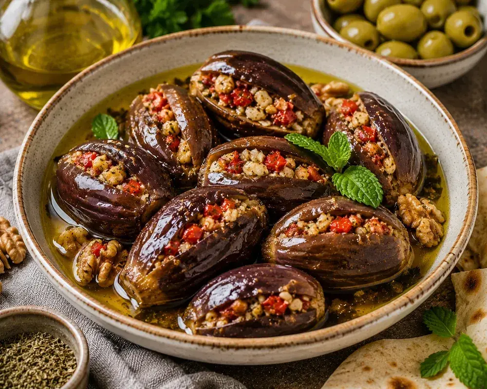 Lebanese makdous made from tender baby eggplants stuffed with walnuts, garlic, parsley, Aleppo pepper, and pomegranate molasses, garnished with fresh parsley and walnuts.