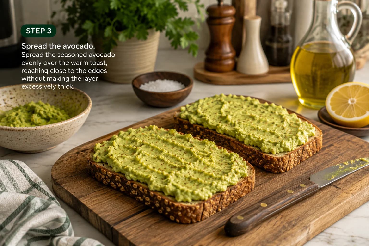 Ripe avocado being mashed with lemon and seasonings in a bowl.