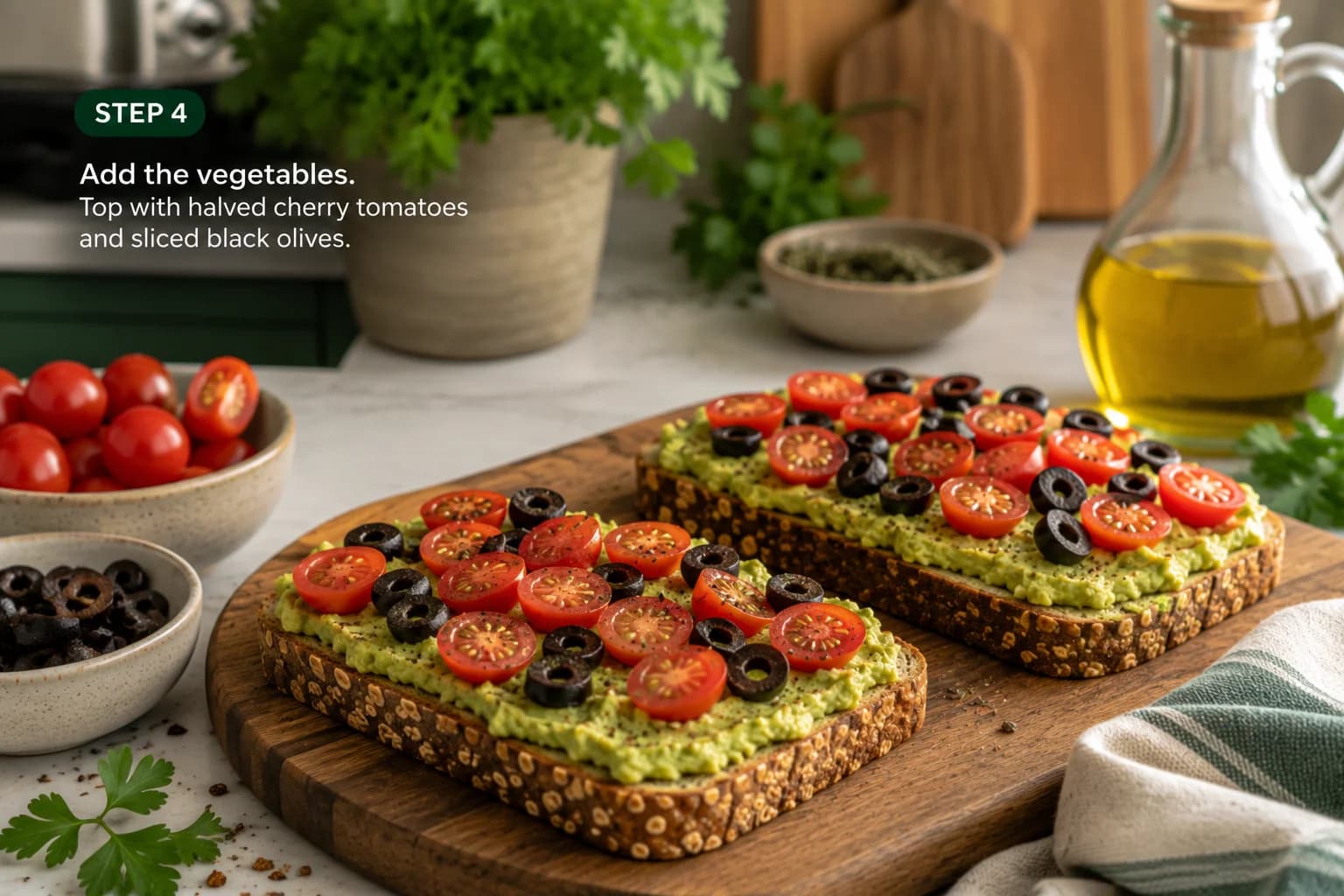 Avocado toast topped naturally with cherry tomatoes and black olives.