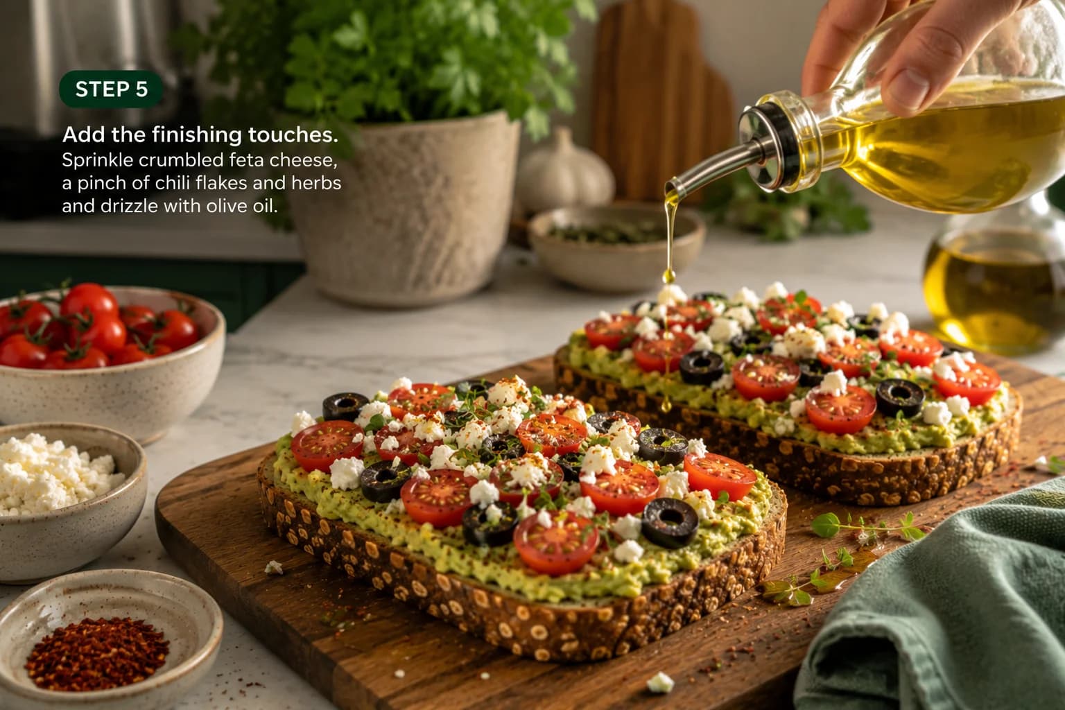 Mediterranean avocado toast finished with feta, parsley, and za'atar.