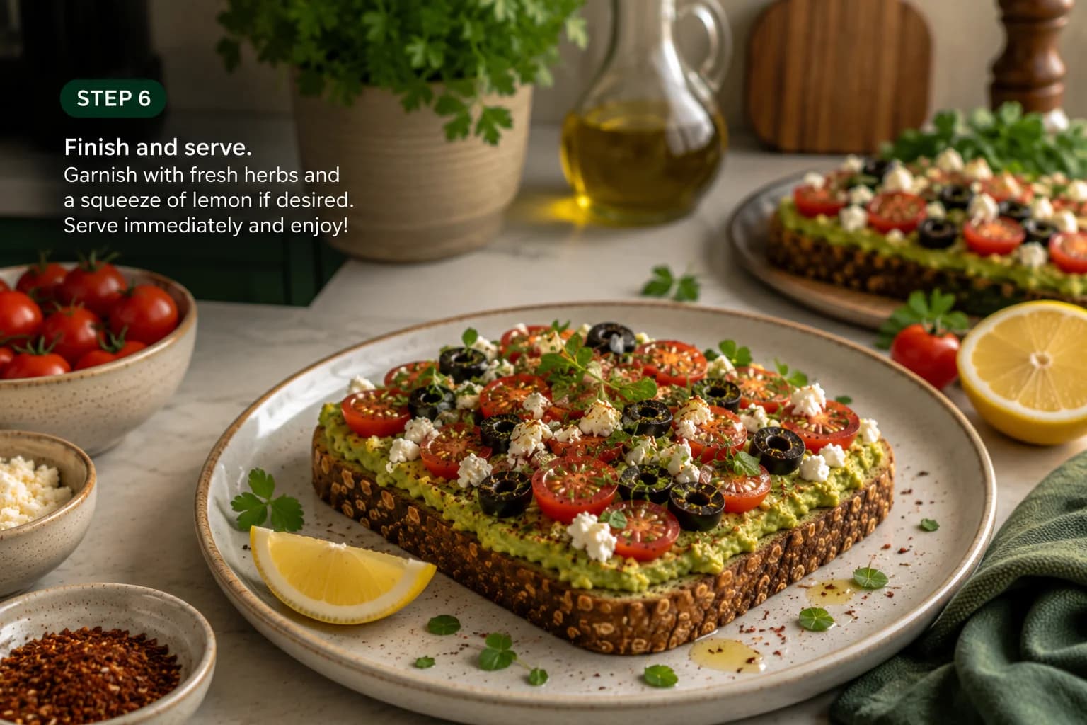 Finished Lebanese-style Mediterranean avocado toast served naturally in a stylish kitchen.