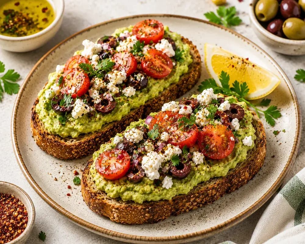 Lebanese-style Mediterranean avocado toast with cherry tomatoes, black olives, feta, parsley, za'atar, and olive oil on crisp whole-grain bread.