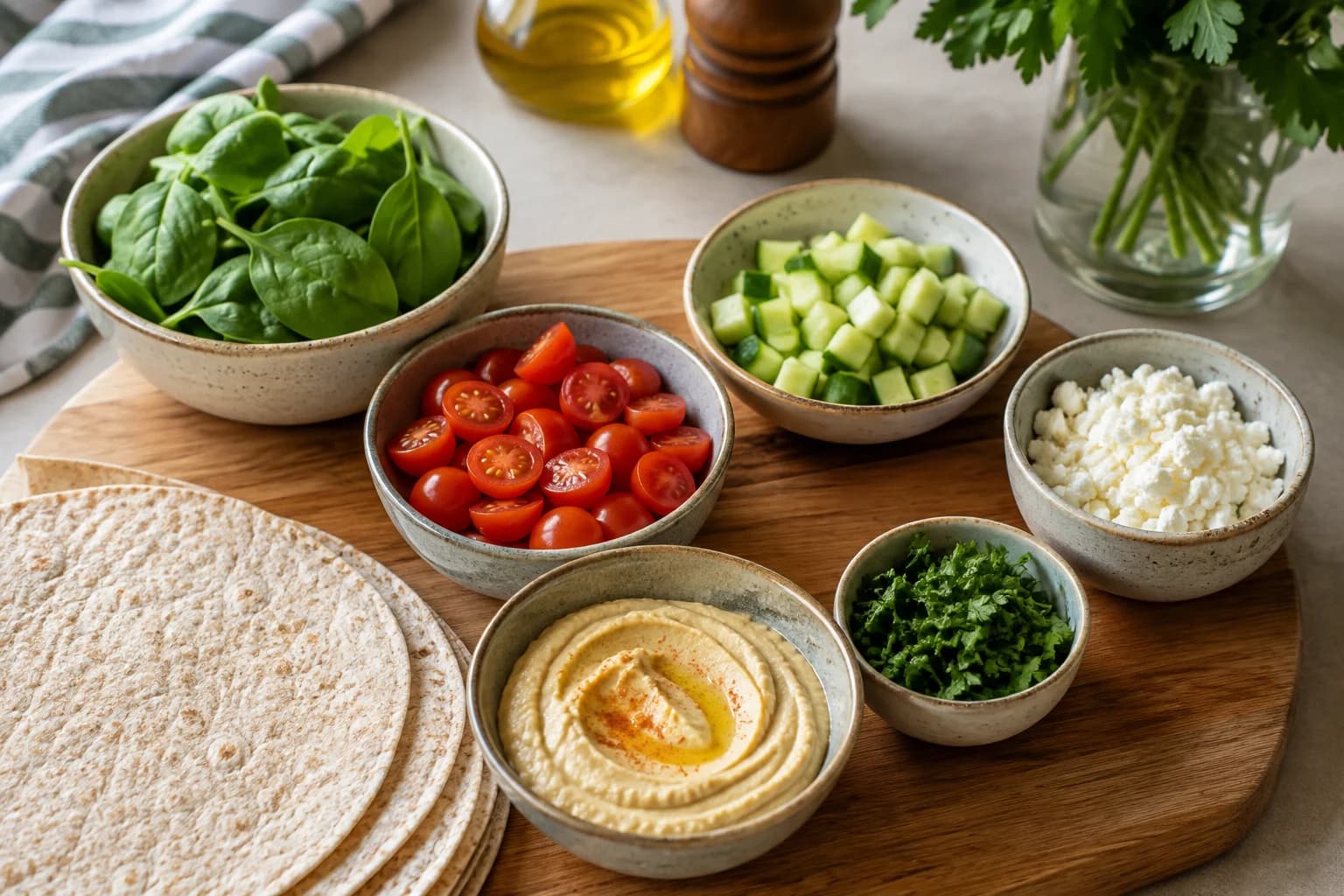 Fresh spinach, cherry tomatoes, cucumber, parsley, hummus, and feta prepared naturally in a stylish kitchen.
