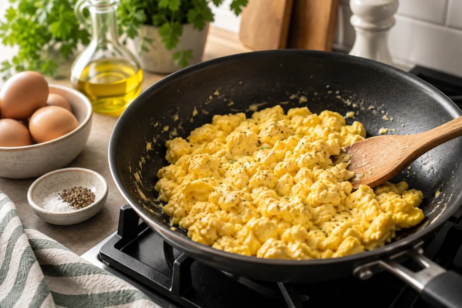 Soft scrambled eggs being gently cooked in a skillet in a stylish kitchen.