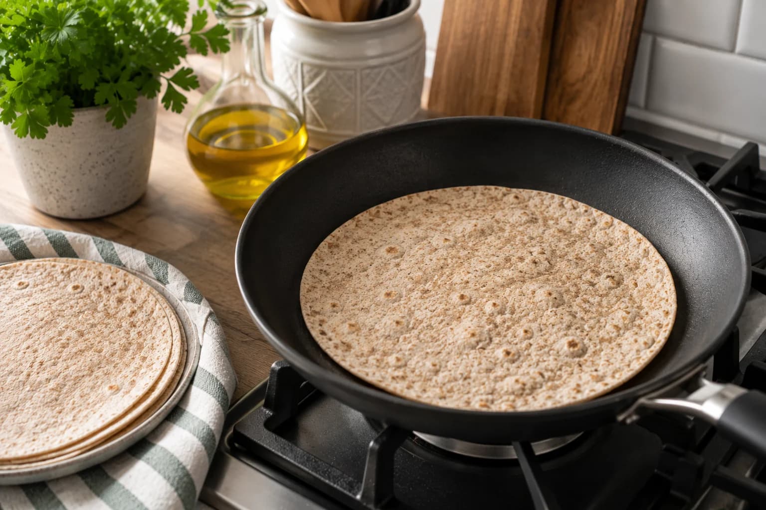 Whole-wheat tortillas being gently warmed in a skillet in a stylish kitchen.