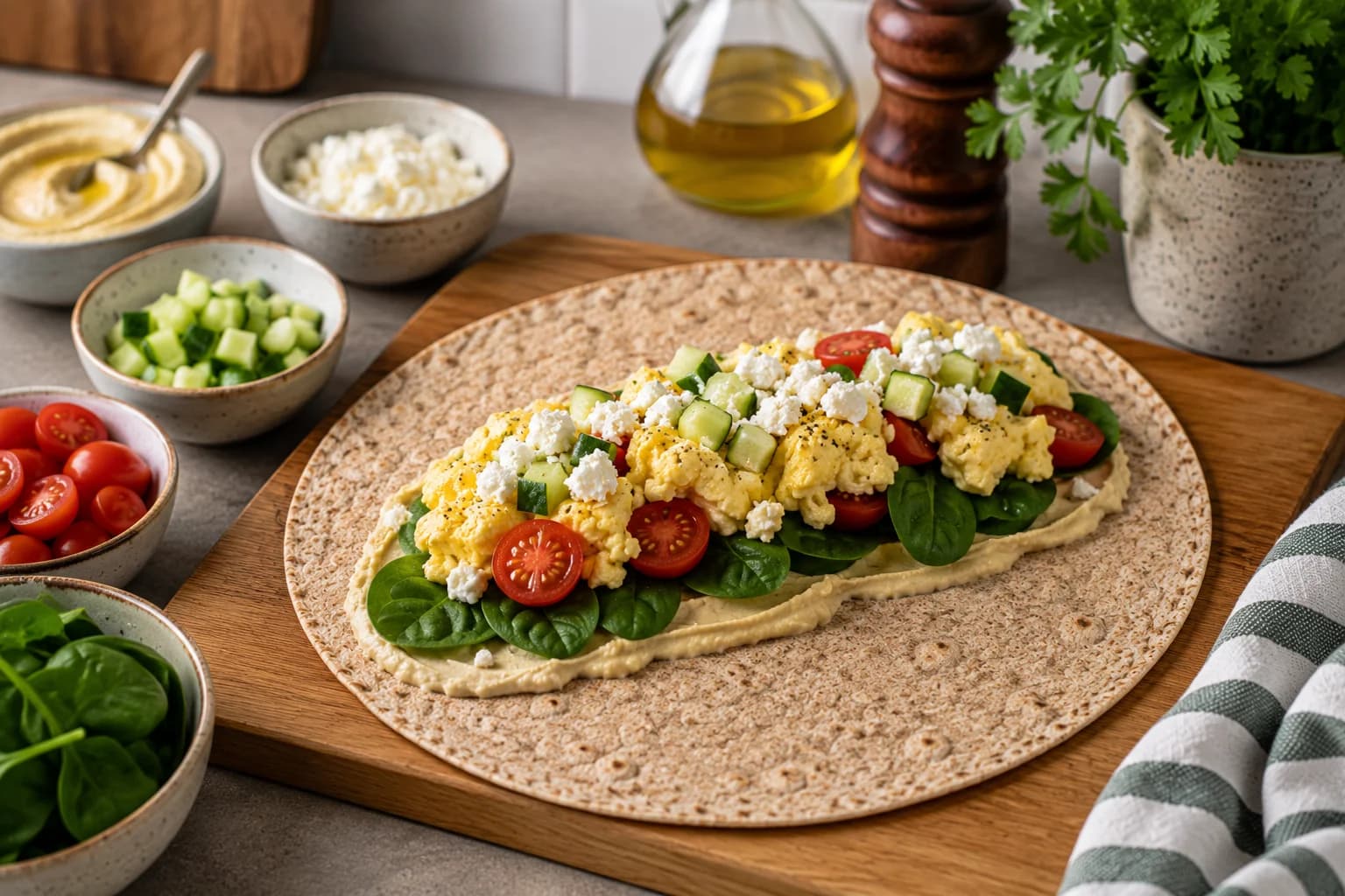 Whole-wheat tortilla spread with hummus and layered with eggs, spinach, cherry tomatoes, cucumber, and feta.