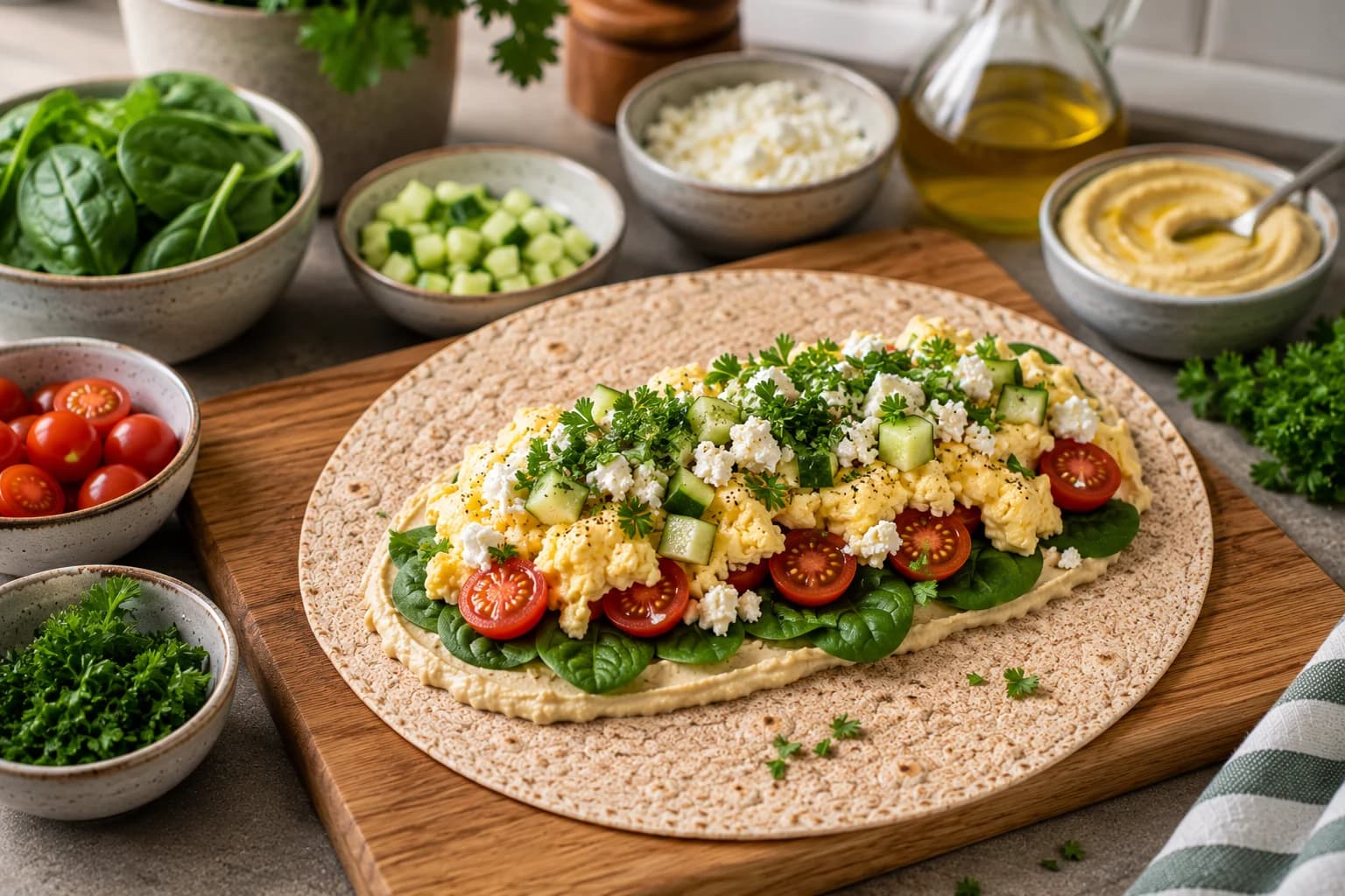 Mediterranean breakfast wrap filling finished with fresh parsley before rolling.