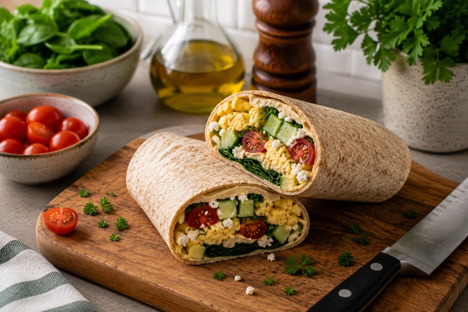 Finished Mediterranean breakfast wrap being rolled and served naturally in a stylish kitchen.