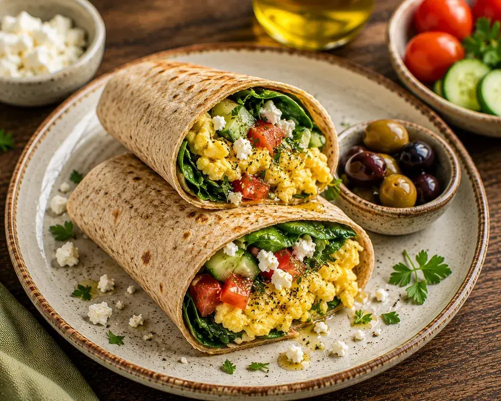 Whole-wheat Mediterranean breakfast wrap filled with soft scrambled eggs, hummus, spinach, cherry tomatoes, cucumber, feta, parsley, and herbs.