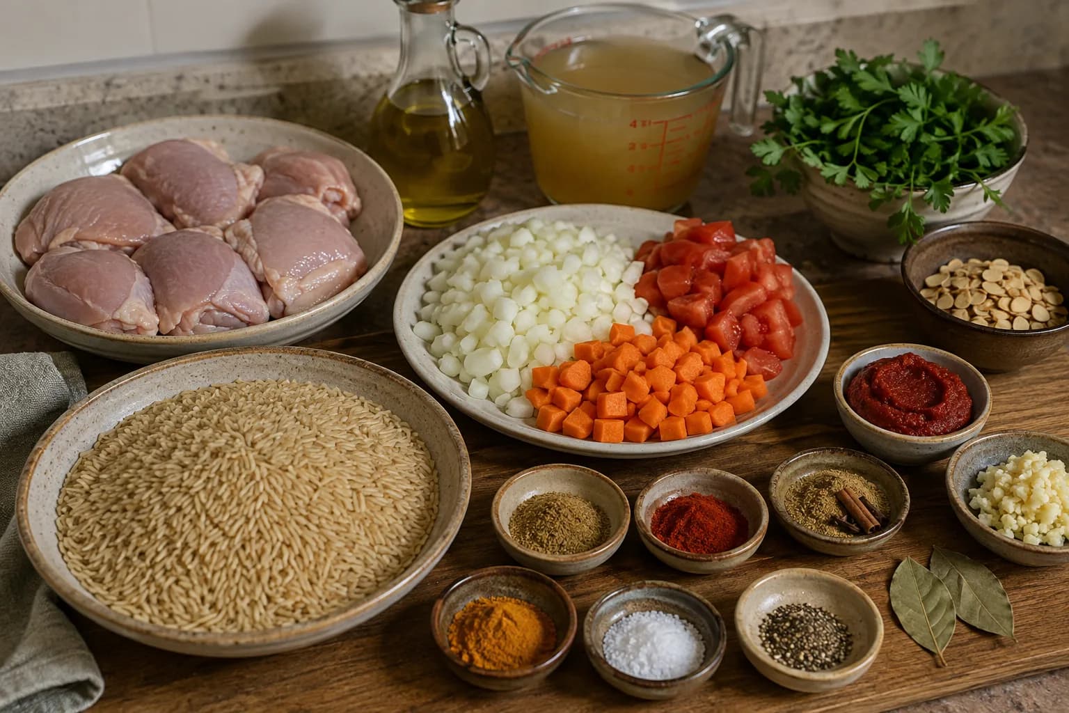 Brown basmati rice, chicken thighs, chopped vegetables, spices, broth, almonds, and parsley prepared for chicken Kabsa.