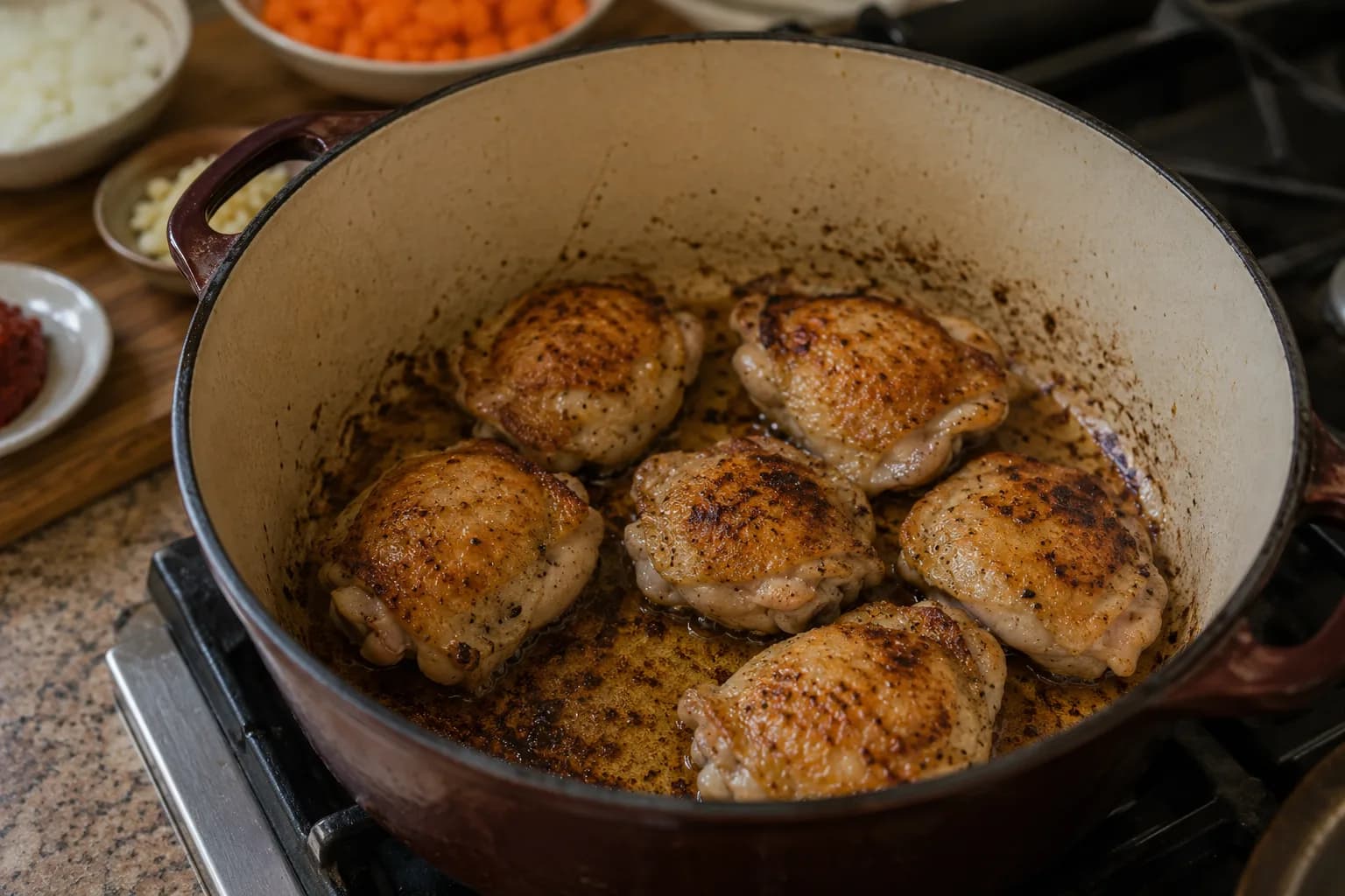 Skinless chicken thighs browning in olive oil in a heavy pot for Mediterranean chicken Kabsa.