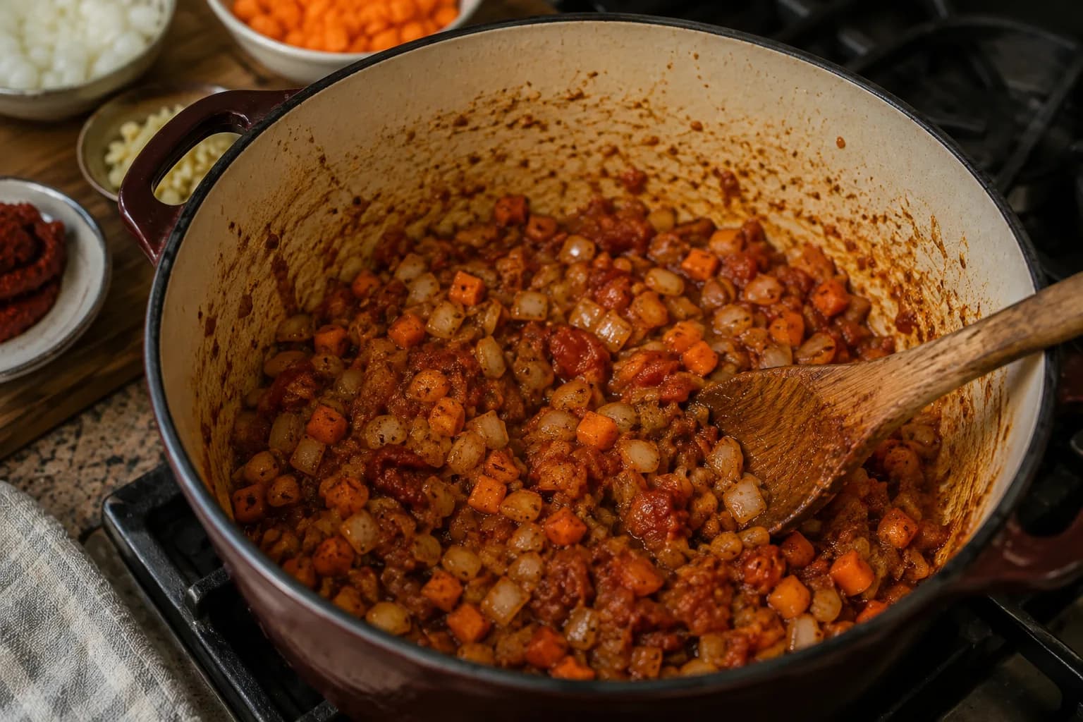 Onions, garlic, tomato, carrot, tomato paste, and Middle Eastern spices cooking together in the Kabsa pot.