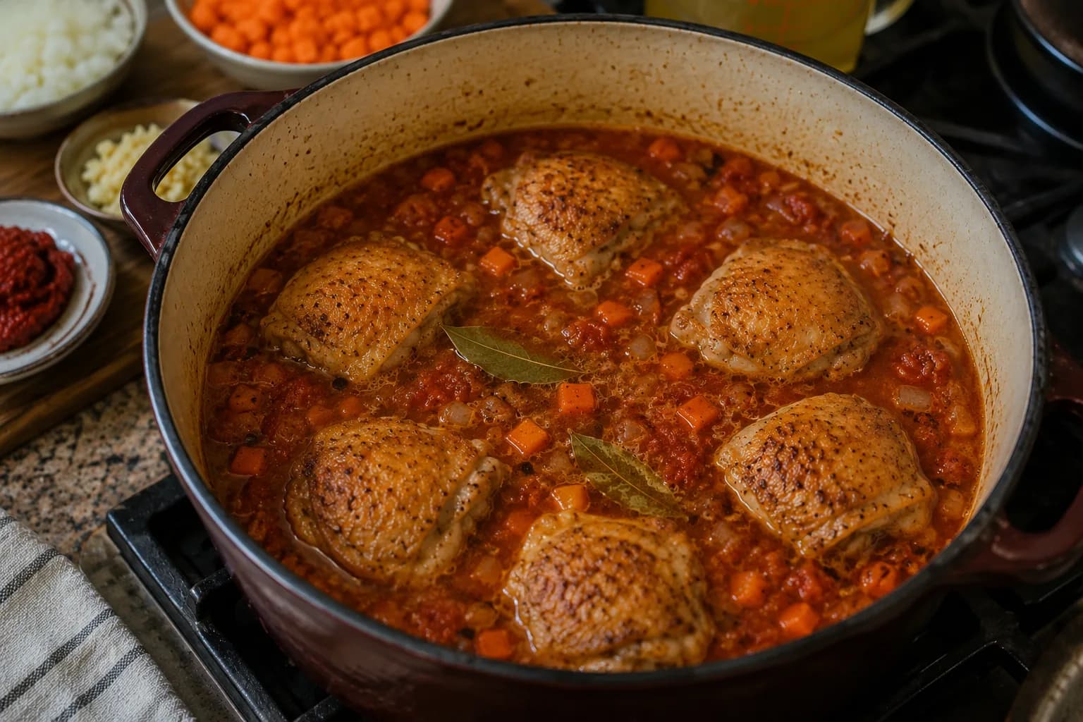 Chicken thighs simmering with tomato vegetables, broth, and warm spices in a pot for Kabsa.