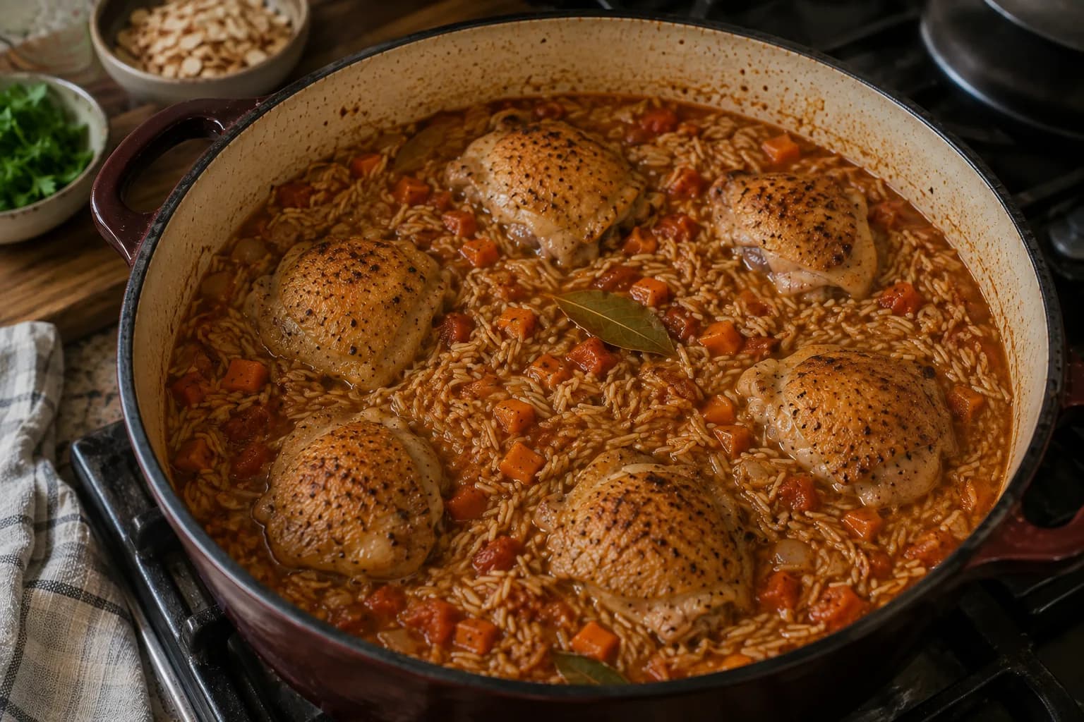 Brown basmati rice and chicken cooking together in seasoned broth in a covered pot for Mediterranean chicken Kabsa.