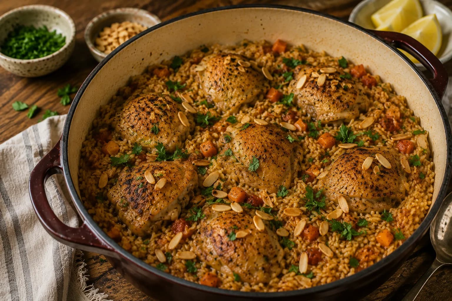 Finished Mediterranean chicken Kabsa with tender chicken over spiced brown basmati rice, parsley, and toasted almonds.