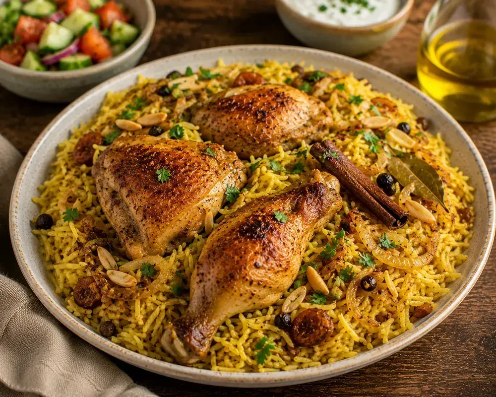 Mediterranean chicken kabsa with tender chicken thighs served over spiced brown basmati rice with carrots, parsley, and toasted almonds.