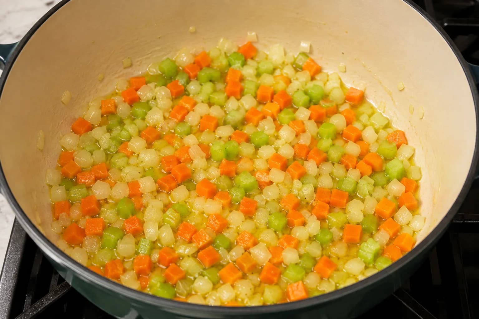 Diced onion, carrots, celery, and minced garlic prepared for Mediterranean chicken orzo soup.