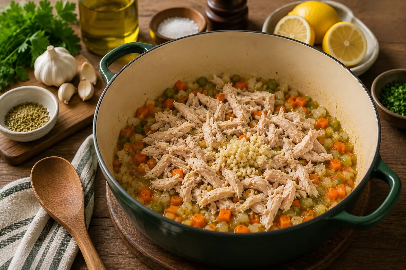 Onion, carrots, celery, and garlic being gently cooked in olive oil for chicken orzo soup.