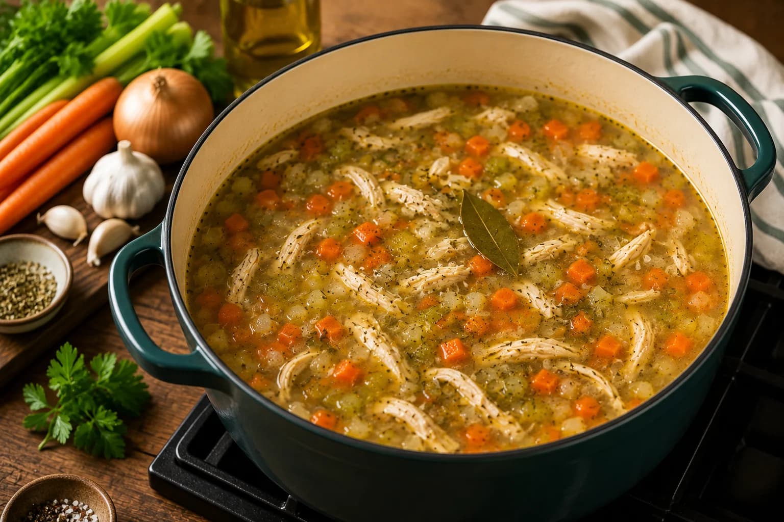 Whole chicken breasts gently poaching in seasoned broth with vegetables and Mediterranean herbs.