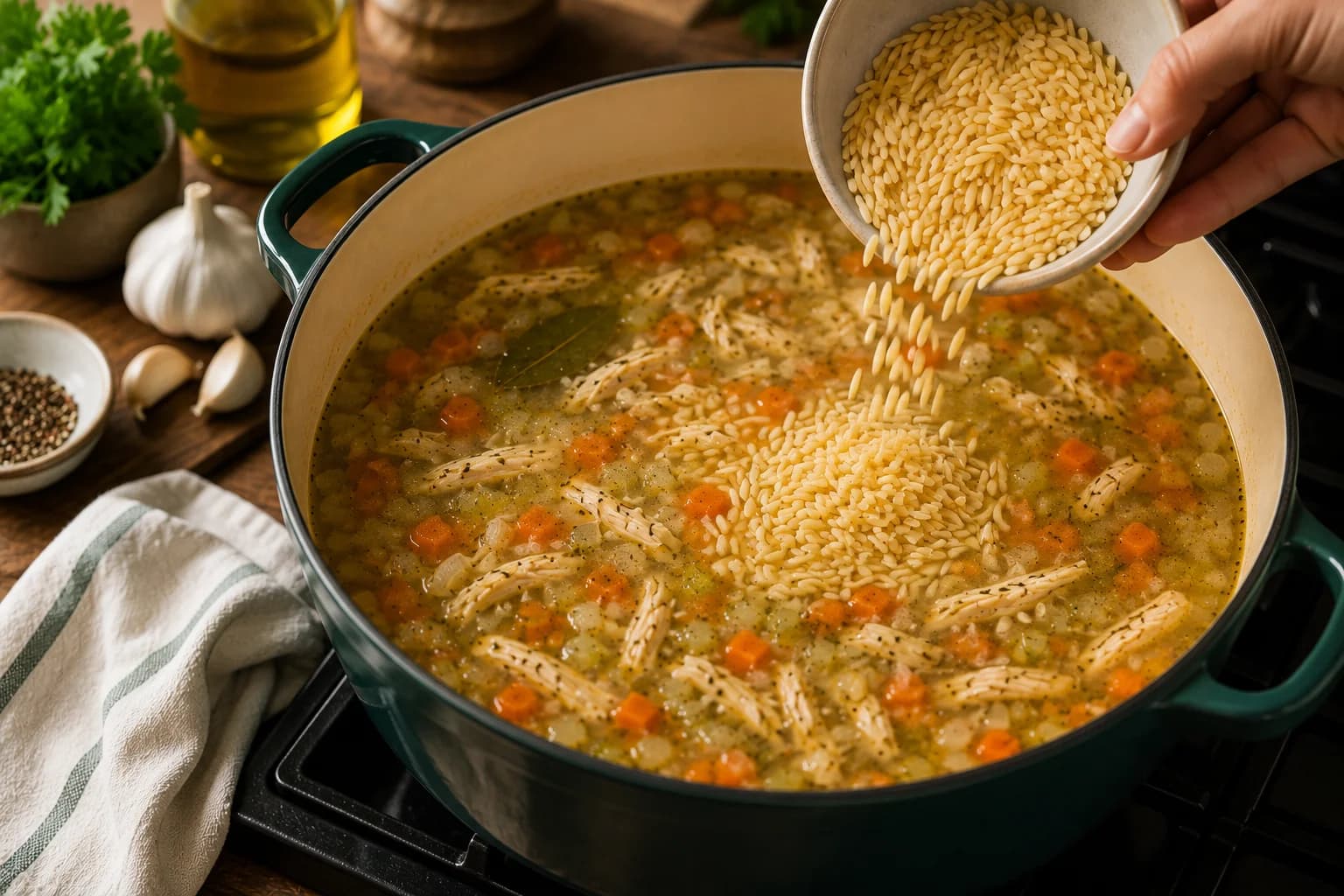Orzo pasta simmering in a clear chicken broth with carrots, celery, and Mediterranean herbs.