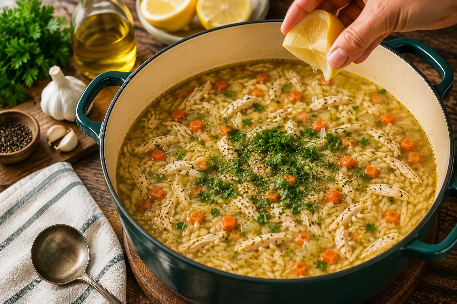 Tender cooked chicken being pulled into moist shredded strands beside a pot of Mediterranean orzo soup.