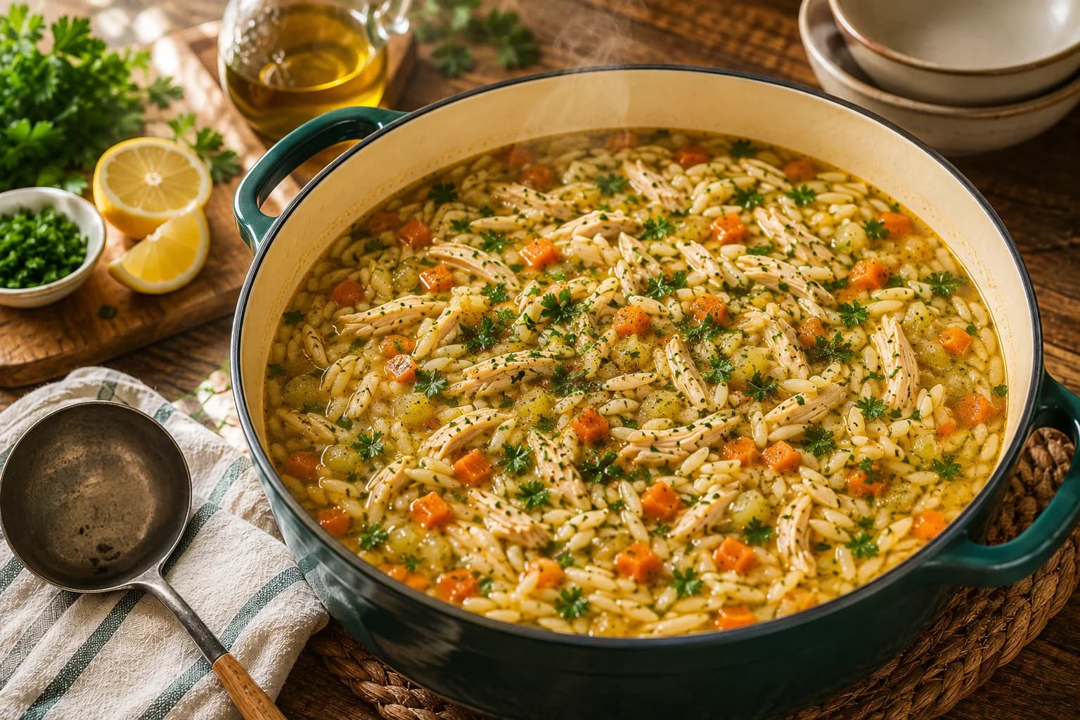 Finished Mediterranean chicken orzo soup with shredded chicken, vegetables, orzo, parsley, and lemon.