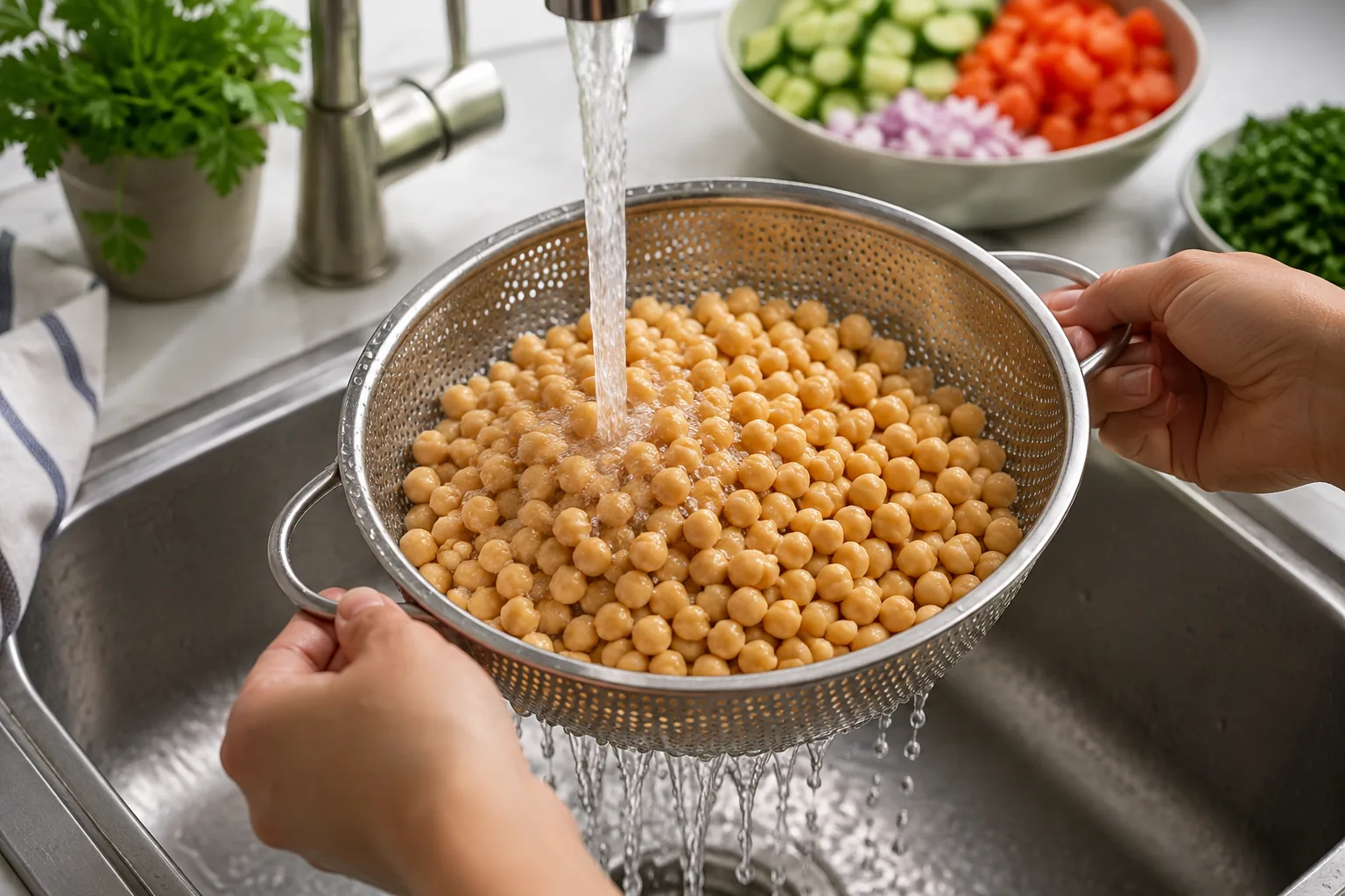 Cooked chickpeas being drained and rinsed for Mediterranean chickpea salad.