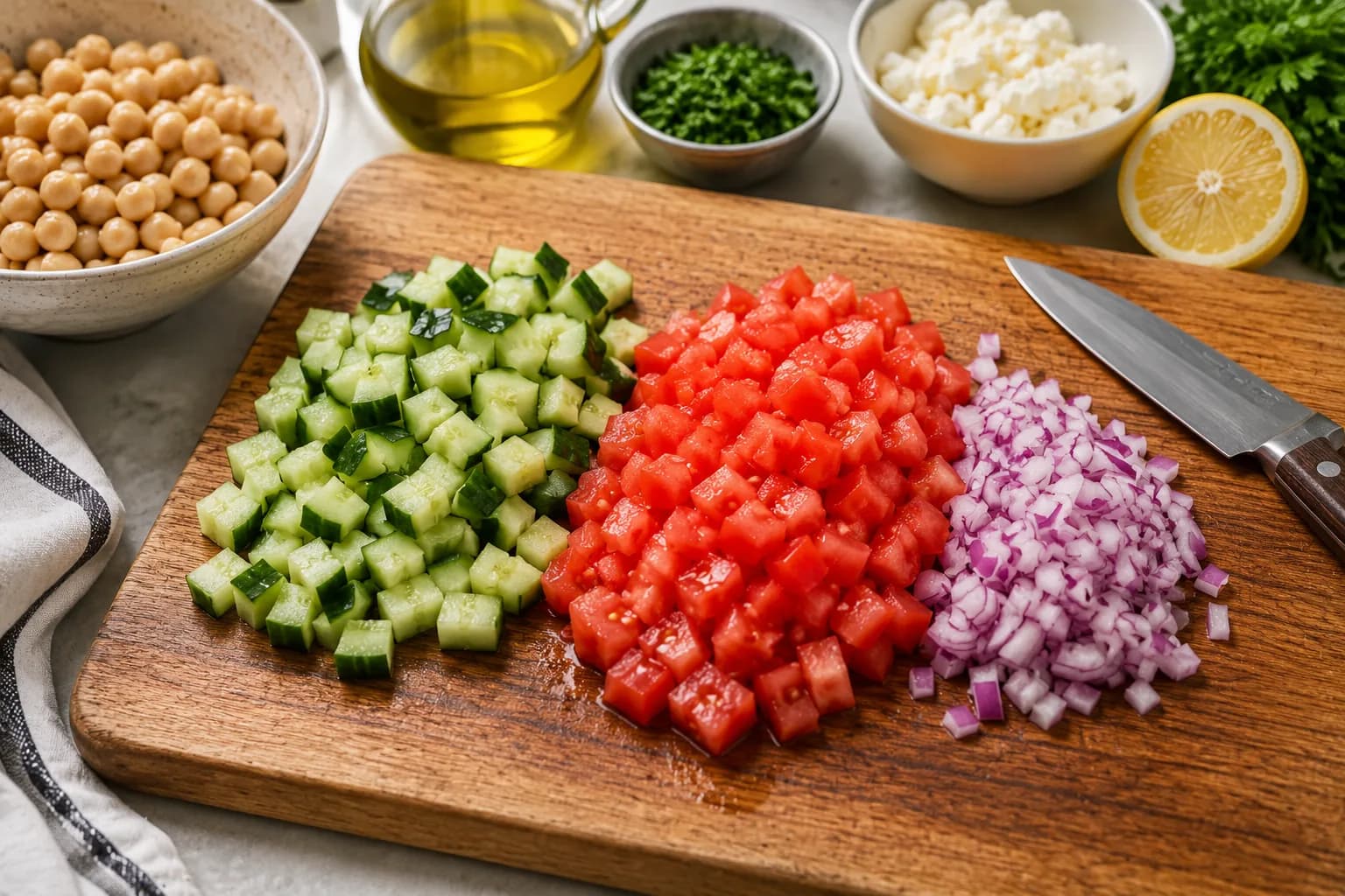 Cucumber, tomatoes, and red onion being prepared for Mediterranean chickpea salad.