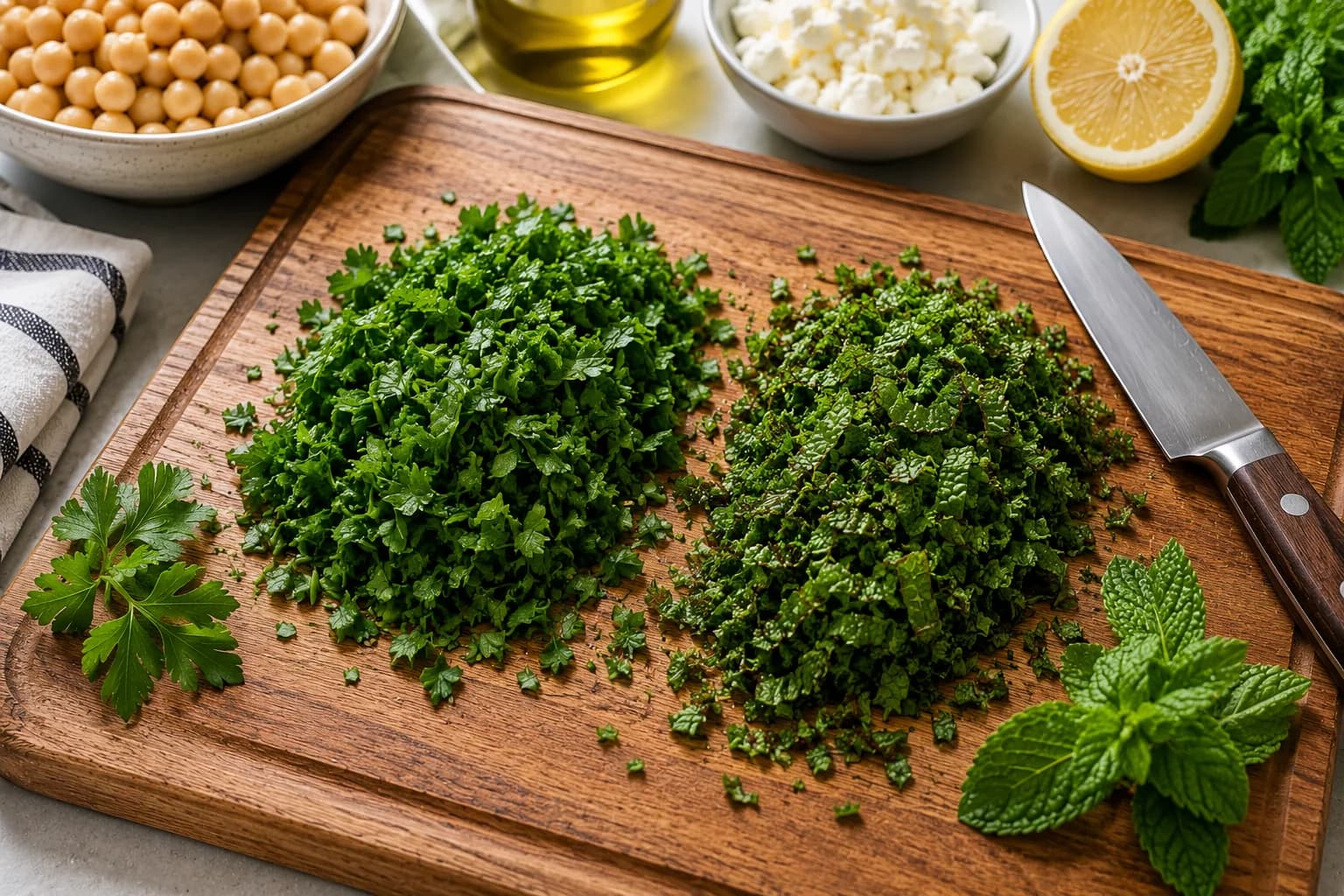 Fresh parsley and mint being chopped for Mediterranean chickpea salad.