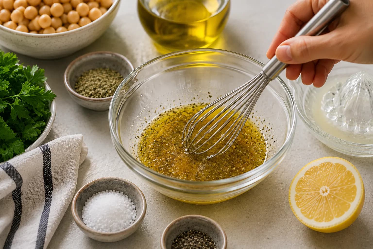 Lemon and olive oil dressing being whisked with oregano, salt, and black pepper.