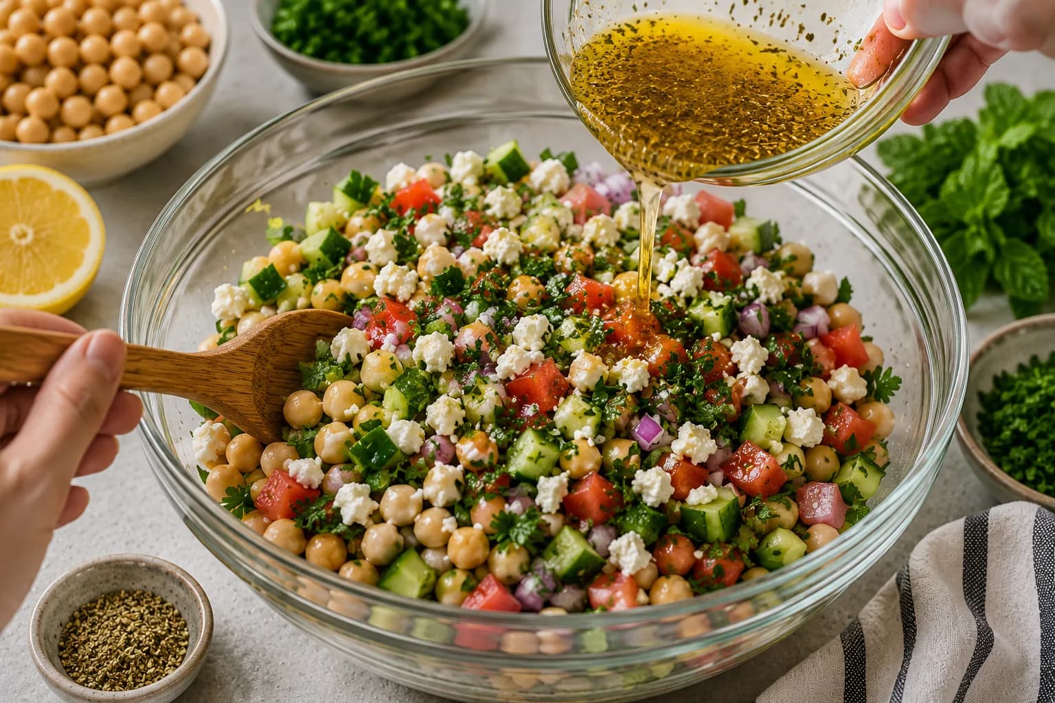 Chickpeas, vegetables, herbs, and feta being gently combined for Mediterranean salad.